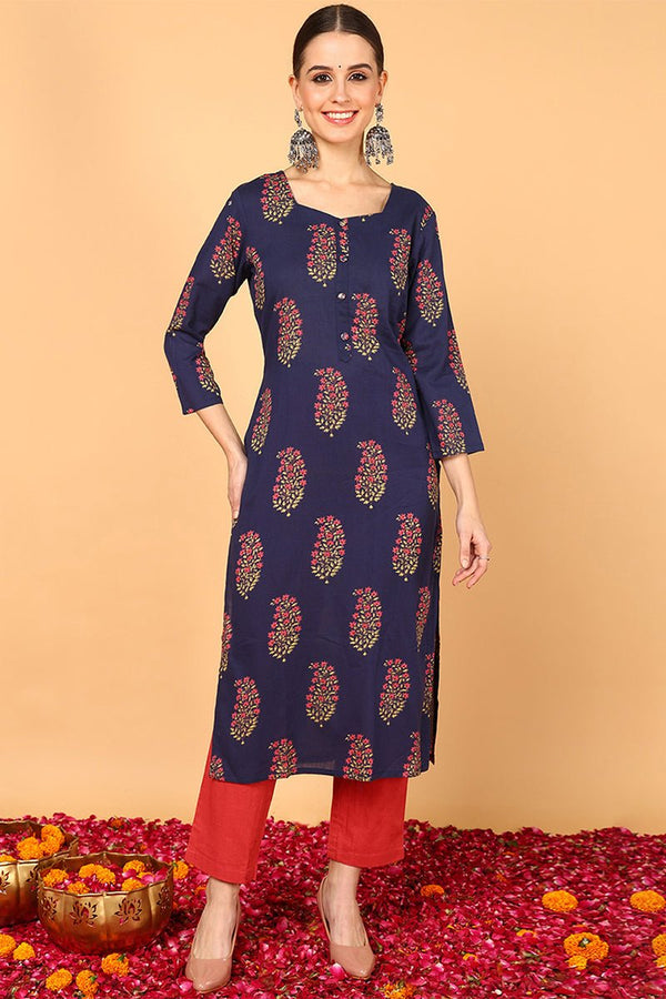 Ahika Women Fancy Occasion Wear Navy Blue Cotton Kurti - Distacart