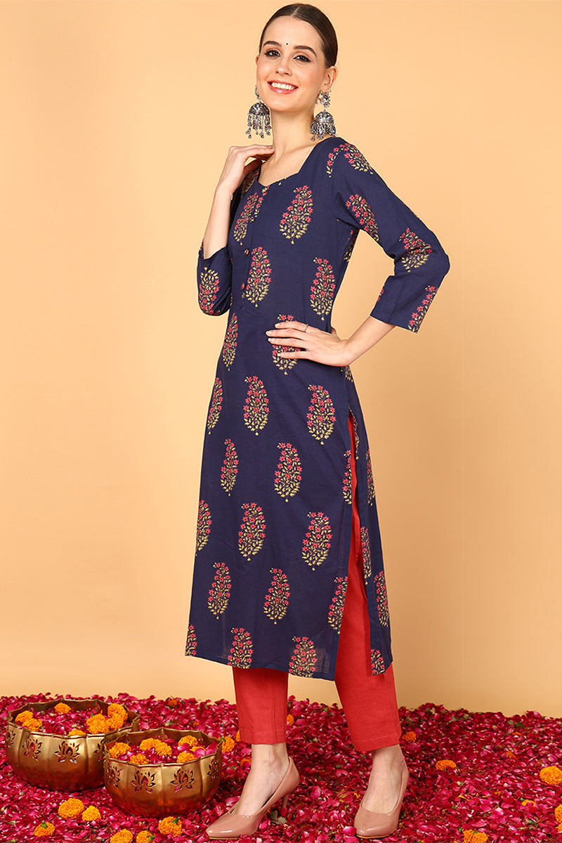 Ahika Fancy Occasion Wear Navy Blue Cotton Kurti VCK1395