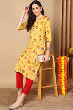 Thumbnail for Ahika Mustard Yellow & Red Floral Print Straight Kurta - Distacart
