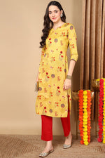 Thumbnail for Ahika Mustard Yellow & Red Floral Print Straight Kurta - Distacart