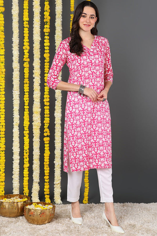 Ahika Women Pink & White Screen Printed Straight Kurta - Distacart