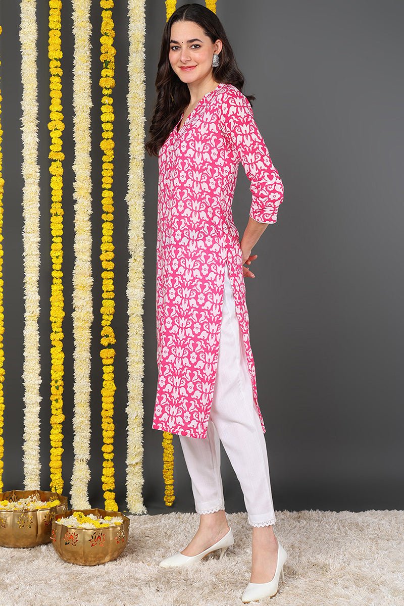 Ahika Women Pink & White Screen Printed Straight Kurta - Distacart
