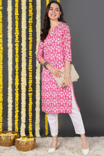 Thumbnail for Ahika Women Pink & White Screen Printed Straight Kurta - Distacart
