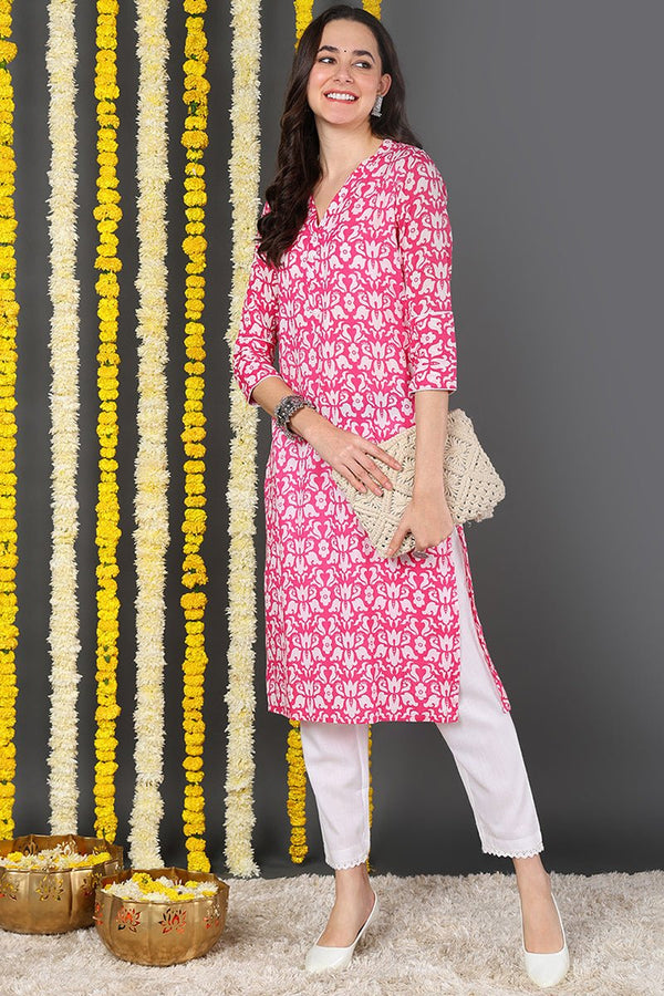 Ahika Women Pink & White Screen Printed Straight Kurta - Distacart