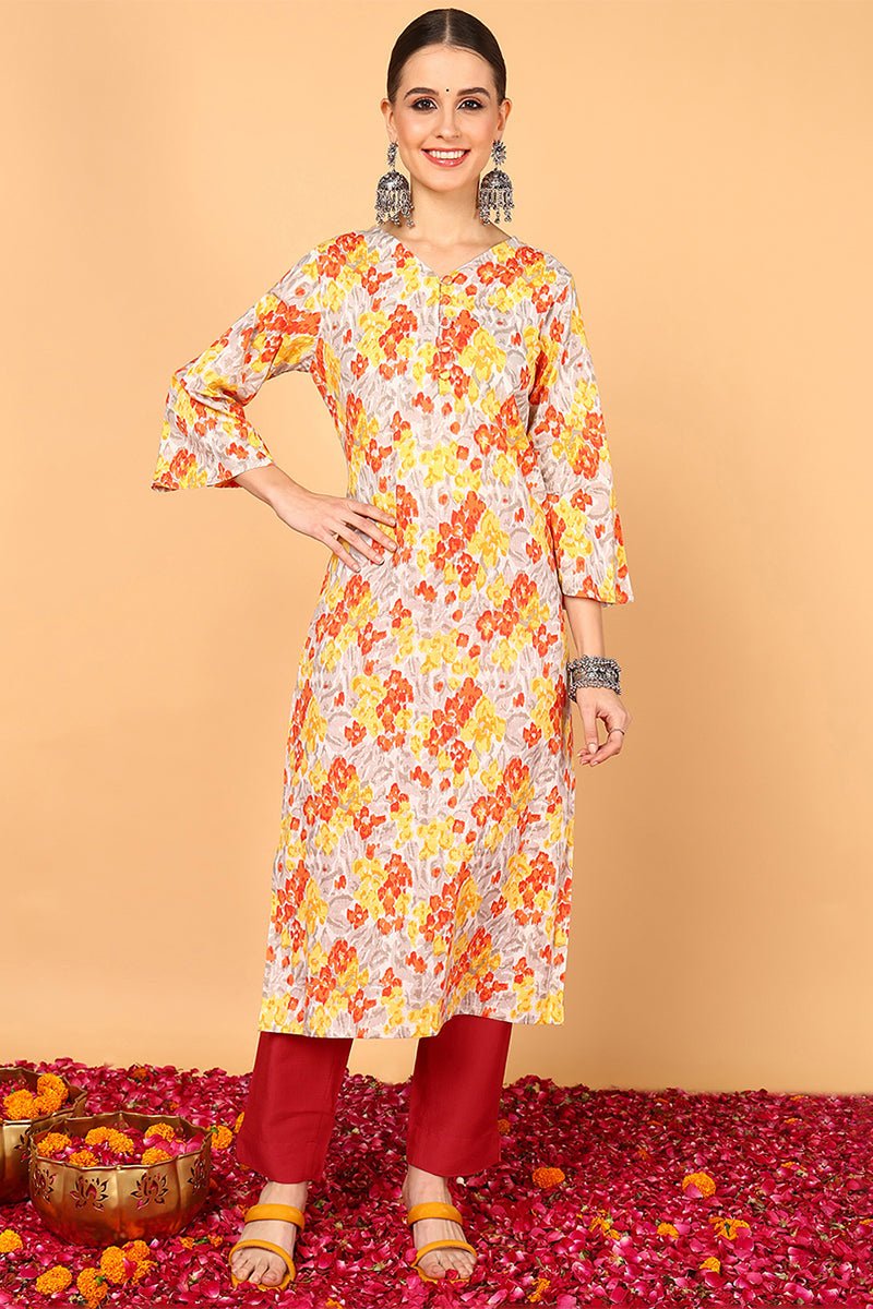 Ahika Grey & Mustard Yellow Screen Floral Printed Straight Kurta - Distacart
