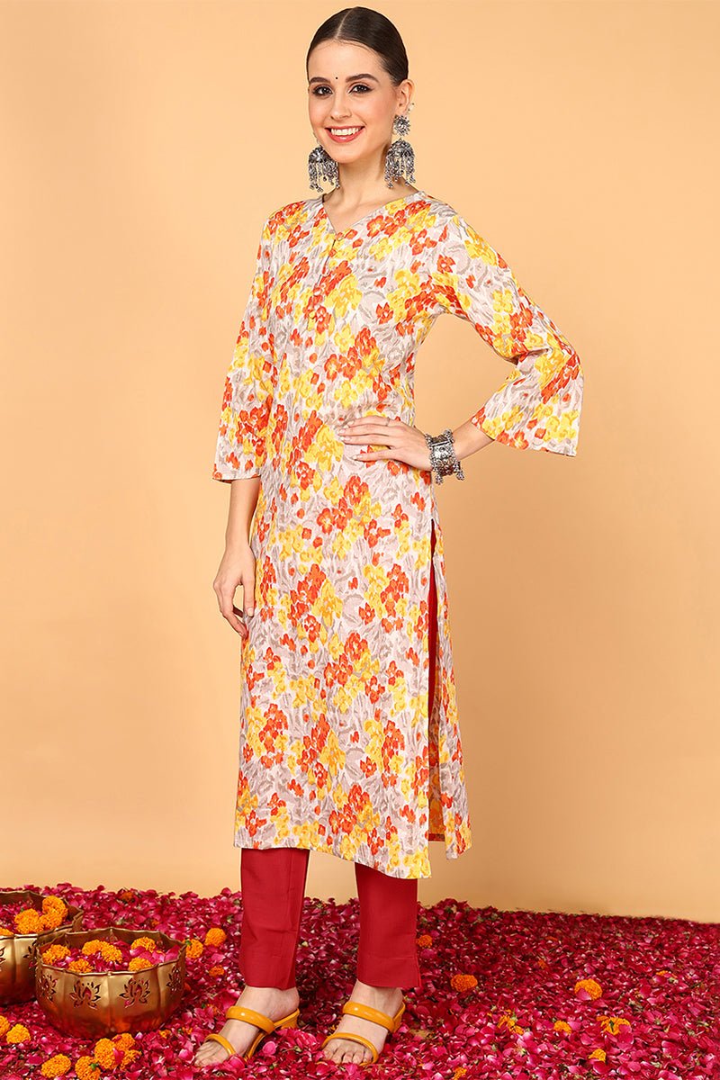 Ahika Grey & Mustard Yellow Screen Floral Printed Straight Kurta - Distacart