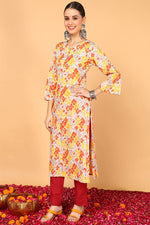 Thumbnail for Ahika Grey & Mustard Yellow Screen Floral Printed Straight Kurta - Distacart