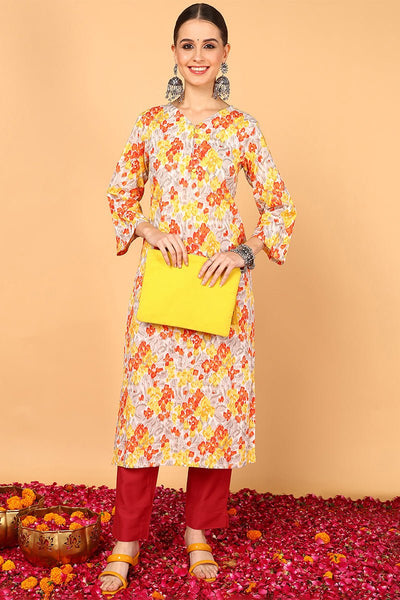 Ahika Grey & Mustard Yellow Screen Floral Printed Straight Kurta - Distacart