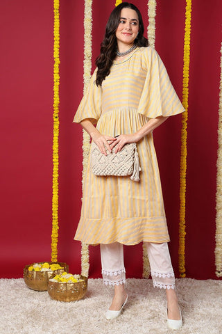 Ahika Yellow Striped A Line Kurta - Distacart