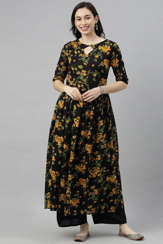Ahika Women Black Floral Printed Keyhole Neck Kurta - Distacart