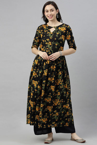 Ahika Women Black Floral Printed Keyhole Neck Kurta - Distacart