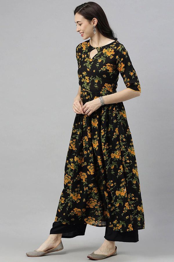Ahika Women Black Floral Printed Keyhole Neck Kurta - Distacart