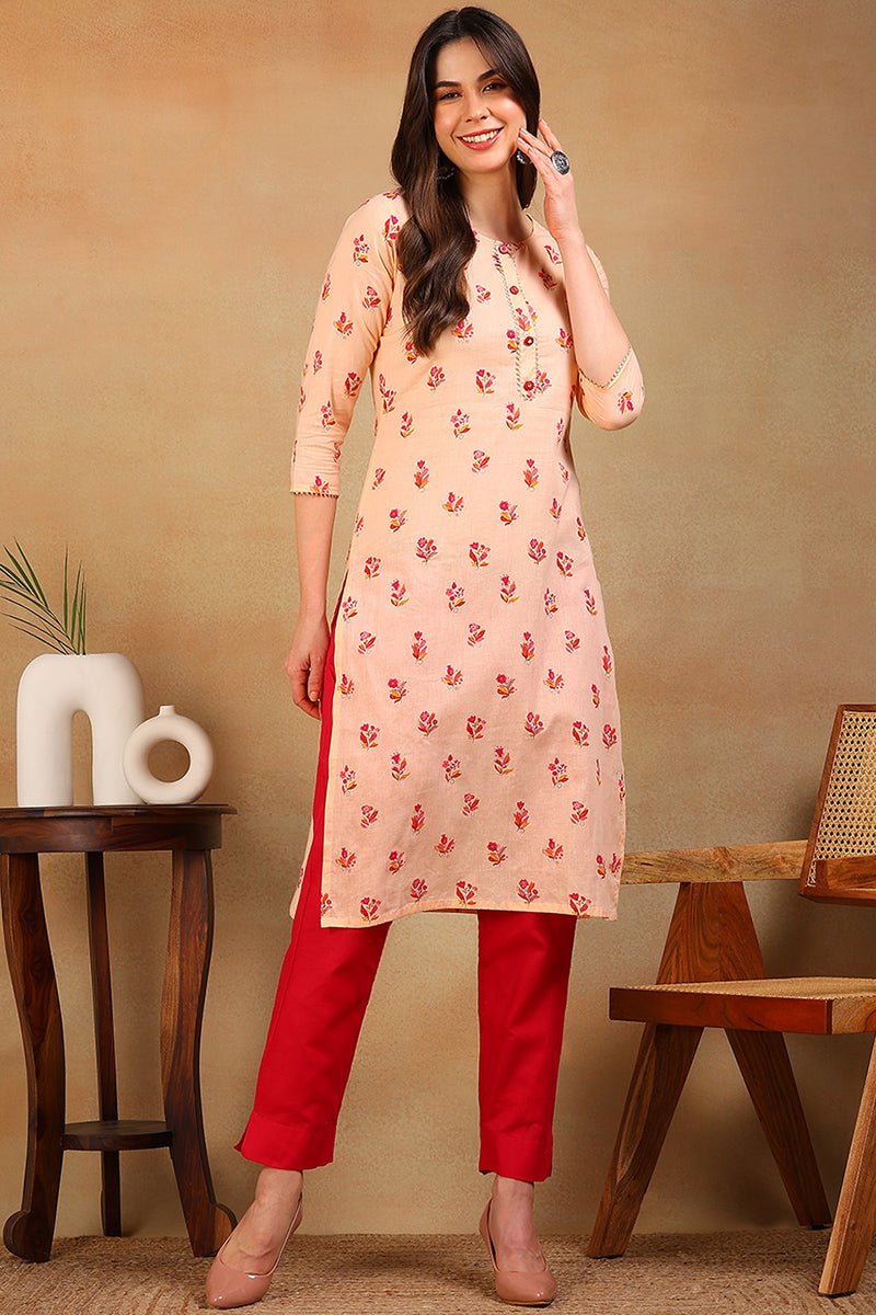 Ahika Women Cotton Orange Floral Printed Straight Kurti - Distacart