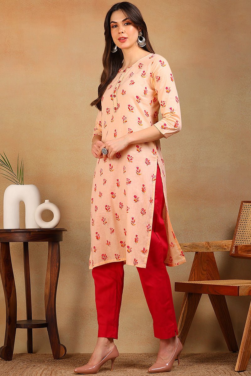 Ahika Women Cotton Orange Floral Printed Straight Kurti - Distacart