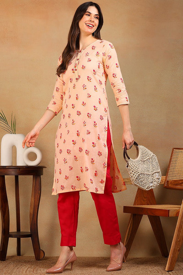 Ahika Women Cotton Orange Floral Printed Straight Kurti - Distacart