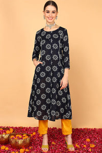 Thumbnail for Ahika Navy Blue Cotton A-Line Kurta