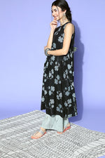 Thumbnail for Ahika Women Black Grey Floral Printed Keyhole Neck Cotton Kurta - Distacart