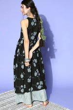 Thumbnail for Ahika Women Black Grey Floral Printed Keyhole Neck Cotton Kurta - Distacart