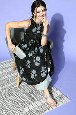 Thumbnail for Ahika Women Black Grey Floral Printed Keyhole Neck Cotton Kurta - Distacart