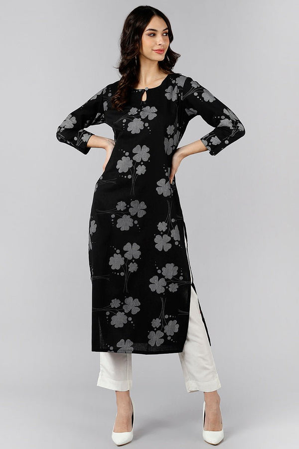Ahika Black Cotton Straight Kurta - Distacart