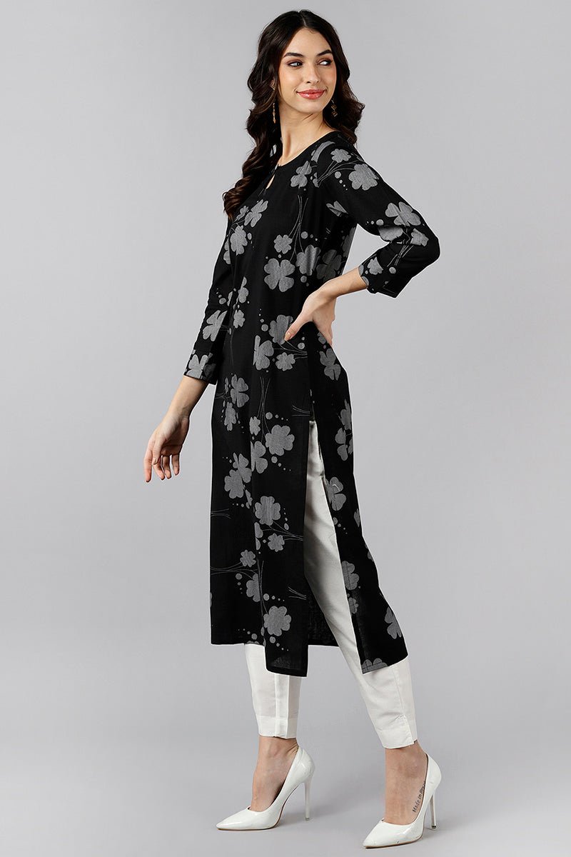 Ahika Black Cotton Straight Kurta - Distacart