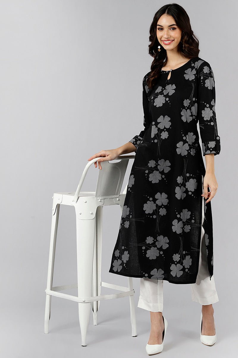 Ahika Black Cotton Straight Kurta - Distacart