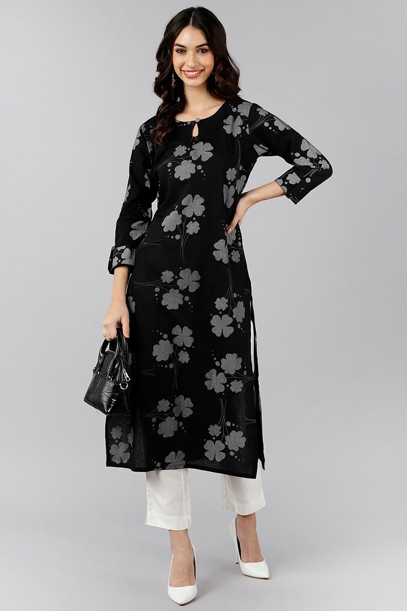 Ahika Black Cotton Straight Kurta - Distacart