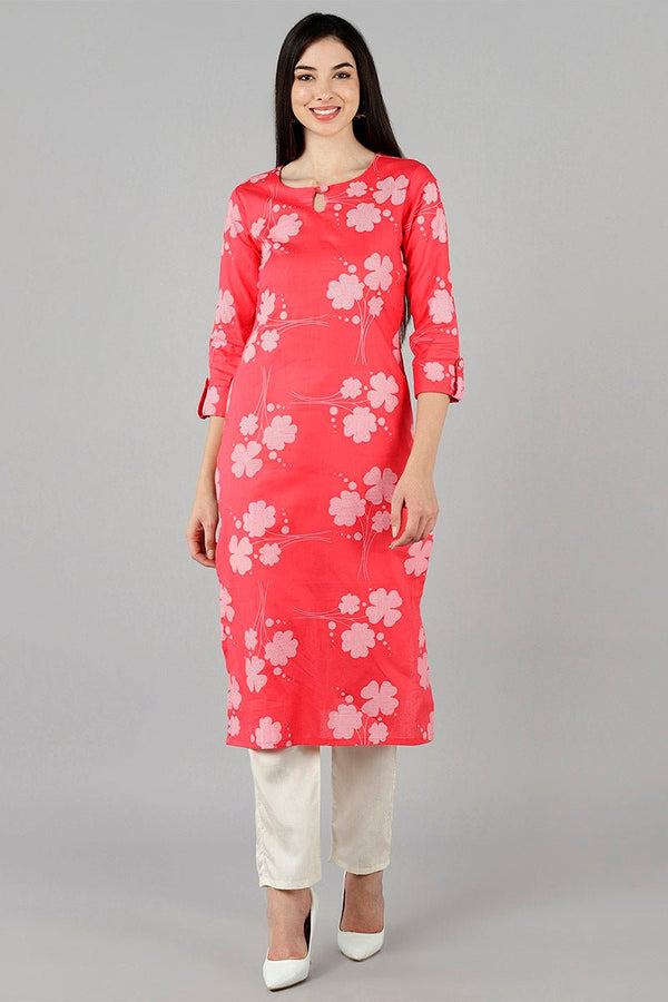 Ahika Pink Cotton Straight Kurta - Distacart