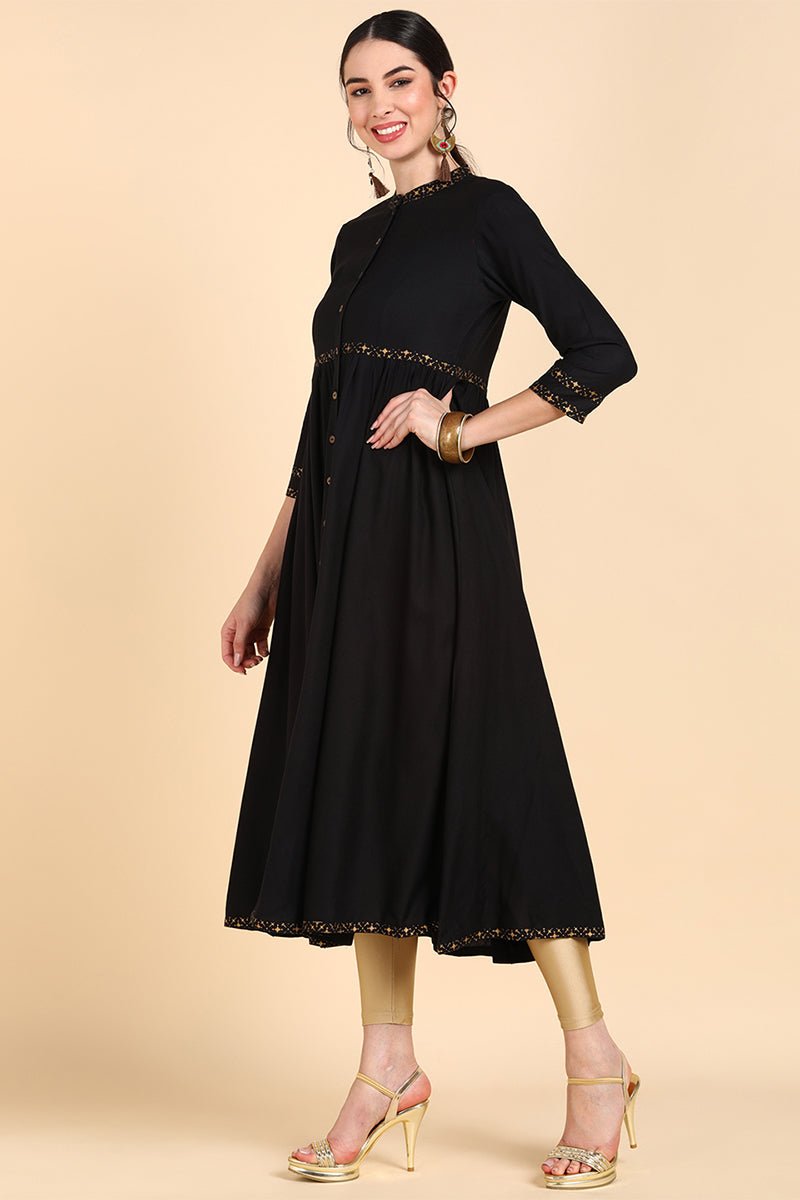 Ahika Black Cold-Shoulder Sleeves Anarkali Kurta