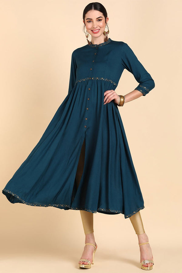 Ahika Teal Yoke Design Flared Sleeves Thread Work Anarkali Kurta
