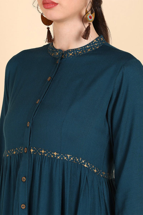 Ahika Teal Yoke Design Flared Sleeves Thread Work Anarkali Kurta