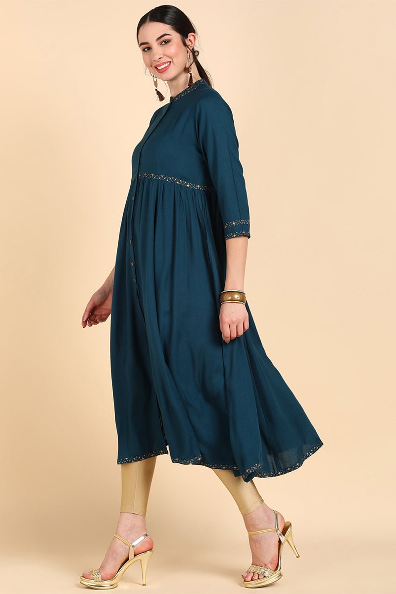 Ahika Teal Yoke Design Flared Sleeves Thread Work Anarkali Kurta