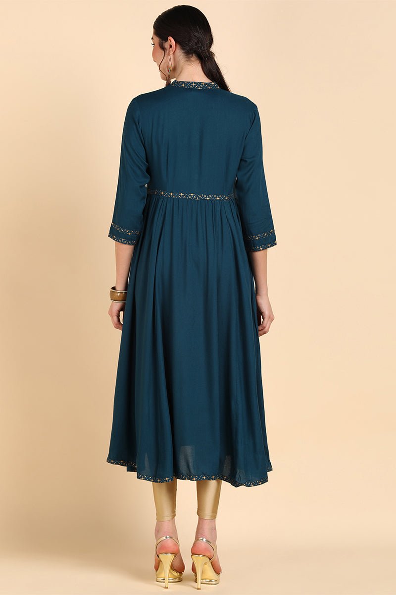 Ahika Teal Yoke Design Flared Sleeves Thread Work Anarkali Kurta