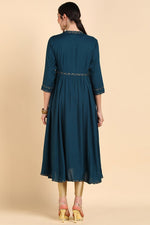 Thumbnail for Ahika Teal Yoke Design Flared Sleeves Thread Work Anarkali Kurta