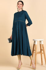 Thumbnail for Ahika Teal Yoke Design Flared Sleeves Thread Work Anarkali Kurta