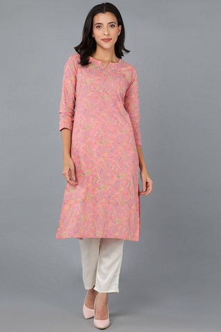 Ahika Pink Cotton Ethnic Motifs Printed Straight Kurta - Distacart