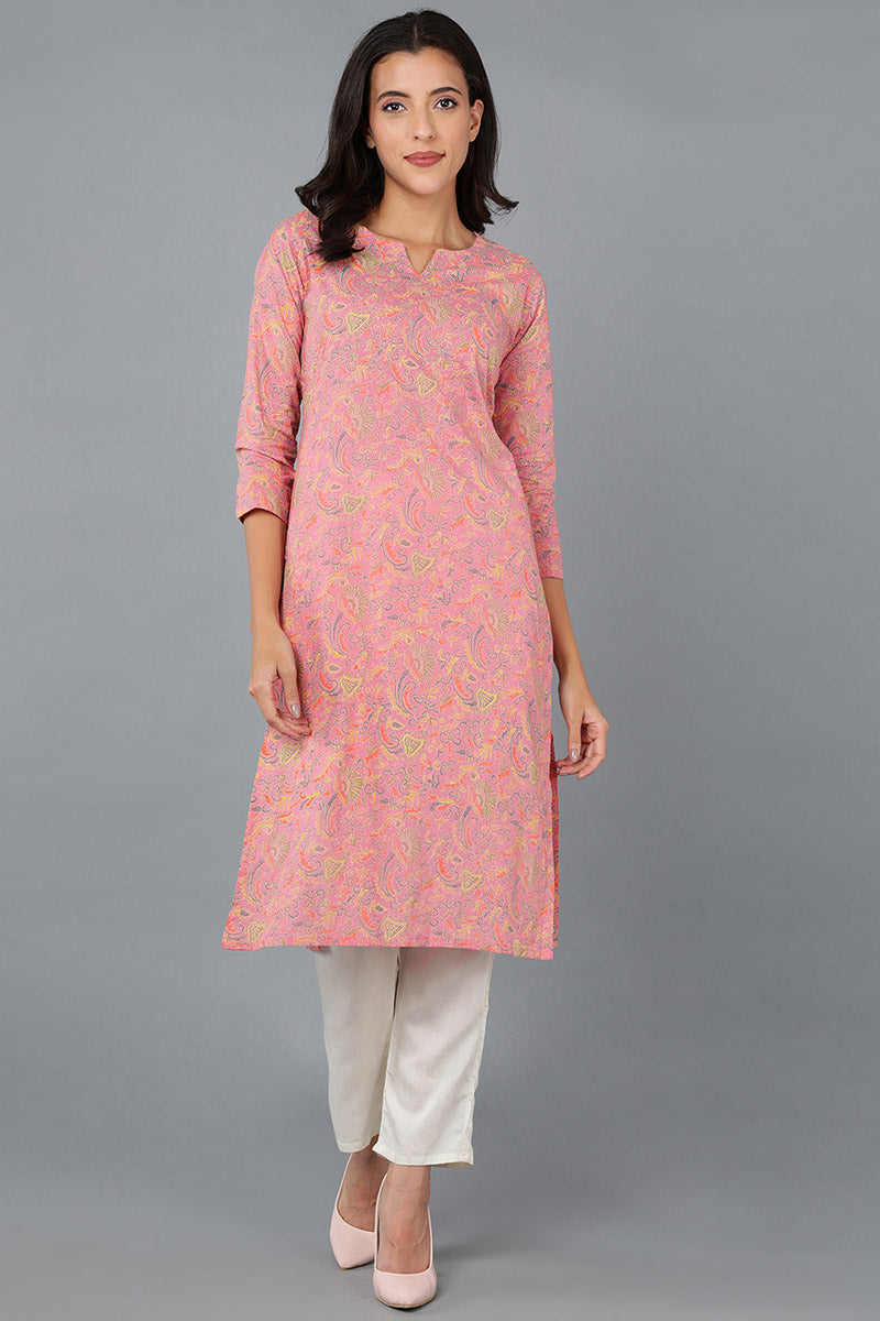 Ahika Pink Cotton Ethnic Motifs Printed Straight Kurta VCK8579
