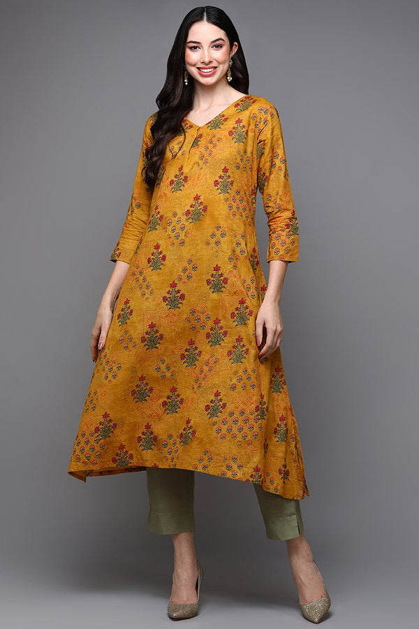 Ahika Mustard Cotton Blend Floral Straight Kurta - Distacart