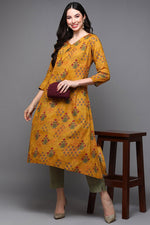 Thumbnail for Ahika Mustard Cotton Blend Floral Straight Kurta - Distacart