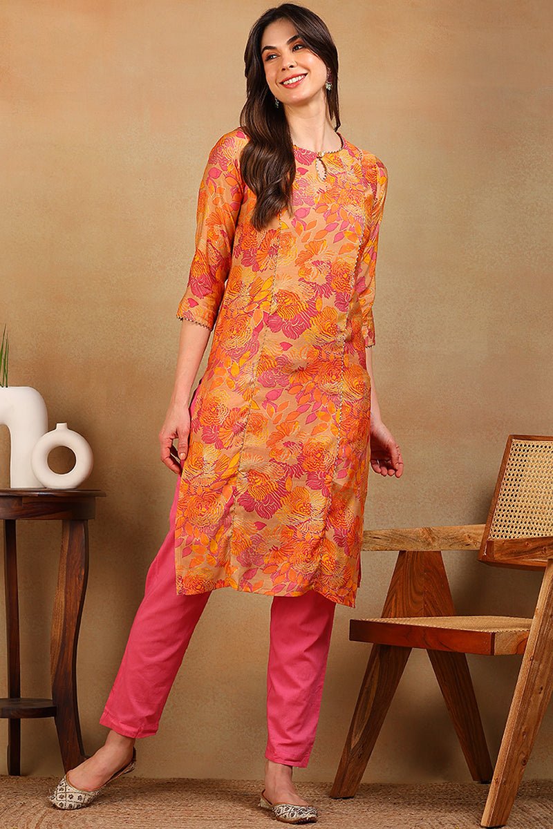 Ahika Beige & Orange Poly Silk Straight Kurta - Distacart