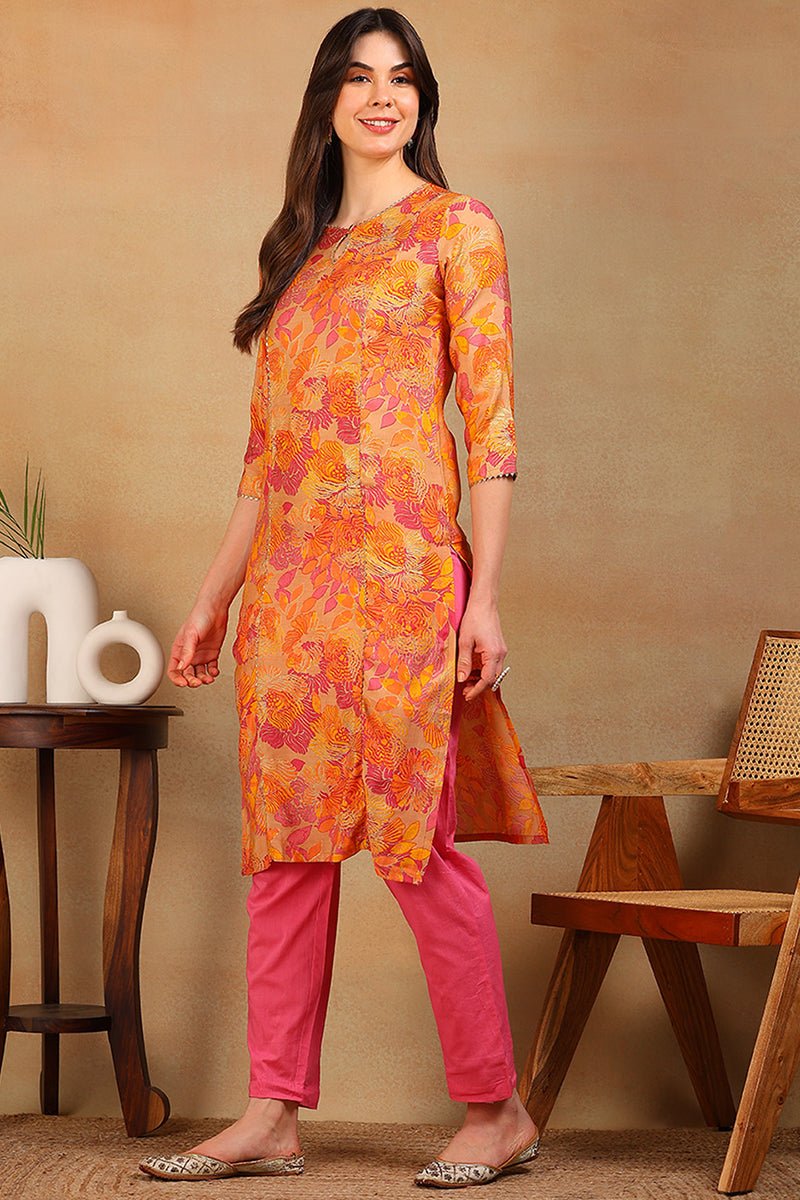 Ahika Beige & Orange Poly Silk Straight Kurta - Distacart
