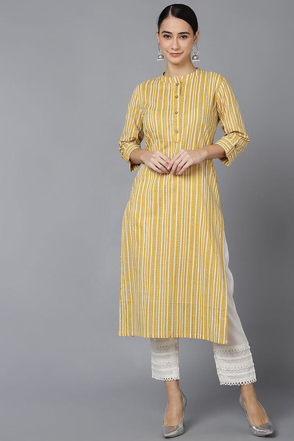 Ahika Mustard Cotton Straight Kurta - Distacart