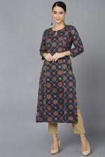 Thumbnail for Ahika Navy Blue Cotton Straight Kurta - Distacart