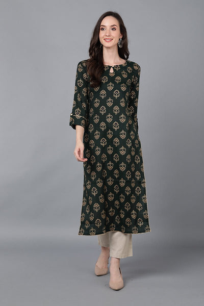 Ahika Green Cotton Ethnic Motifs Straight Kurta - Distacart