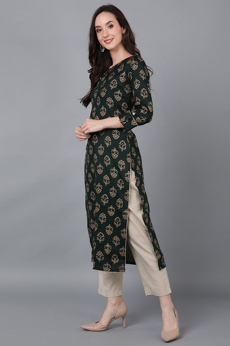 Ahika Green Cotton Ethnic Motifs Straight Kurta - Distacart
