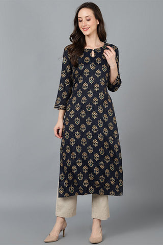 Ahika Black Cotton Blend Straight Kurta - Distacart