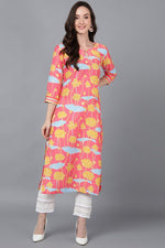 Thumbnail for Ahika Pink Poly Silk Floral Straight Kurta - Distacart