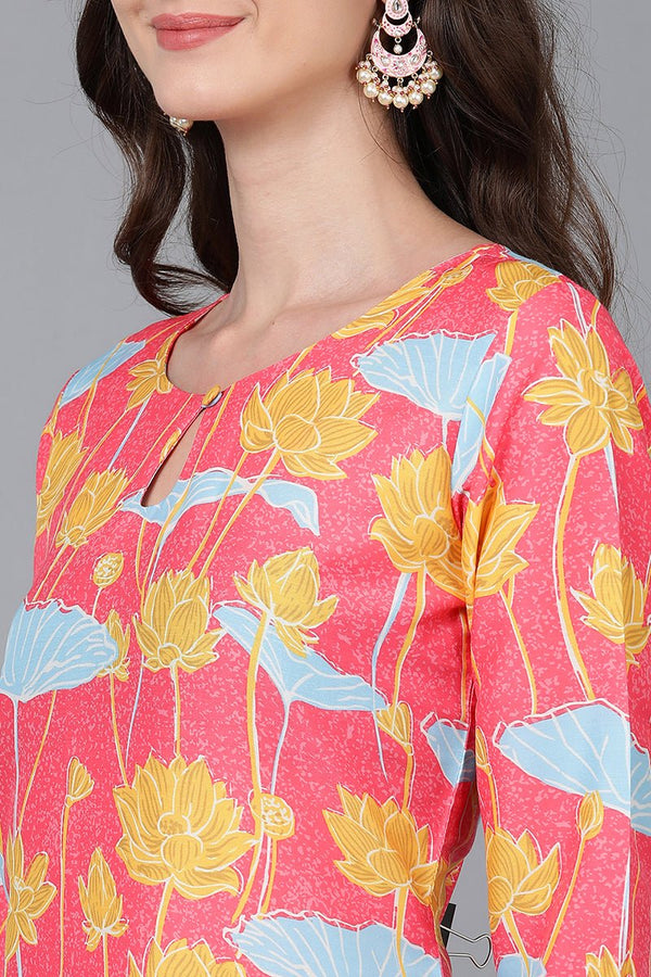 Ahika Pink Poly Silk Floral Straight Kurta - Distacart