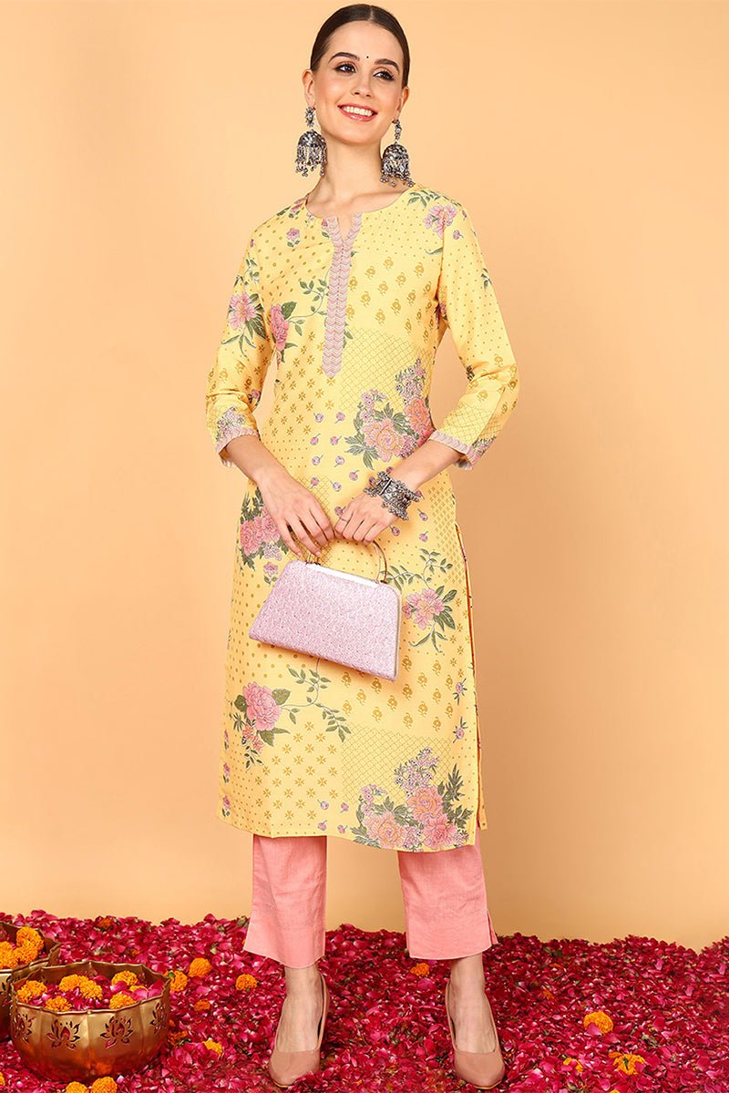 Ahika Yellow Poly Silk Straight Kurta - Distacart