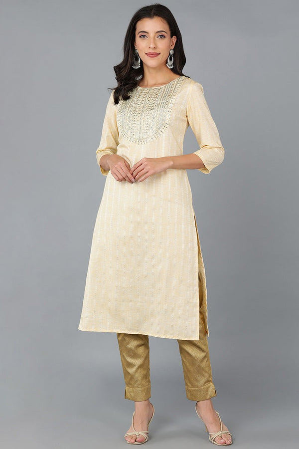 Ahika Yellow Cotton Striped Yoke Design Straight Kurta - Distacart